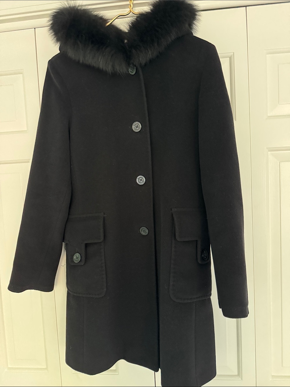 Michael Kors Black Wool Angora Blend Pea Coat with Fox Fur-Trim Hood